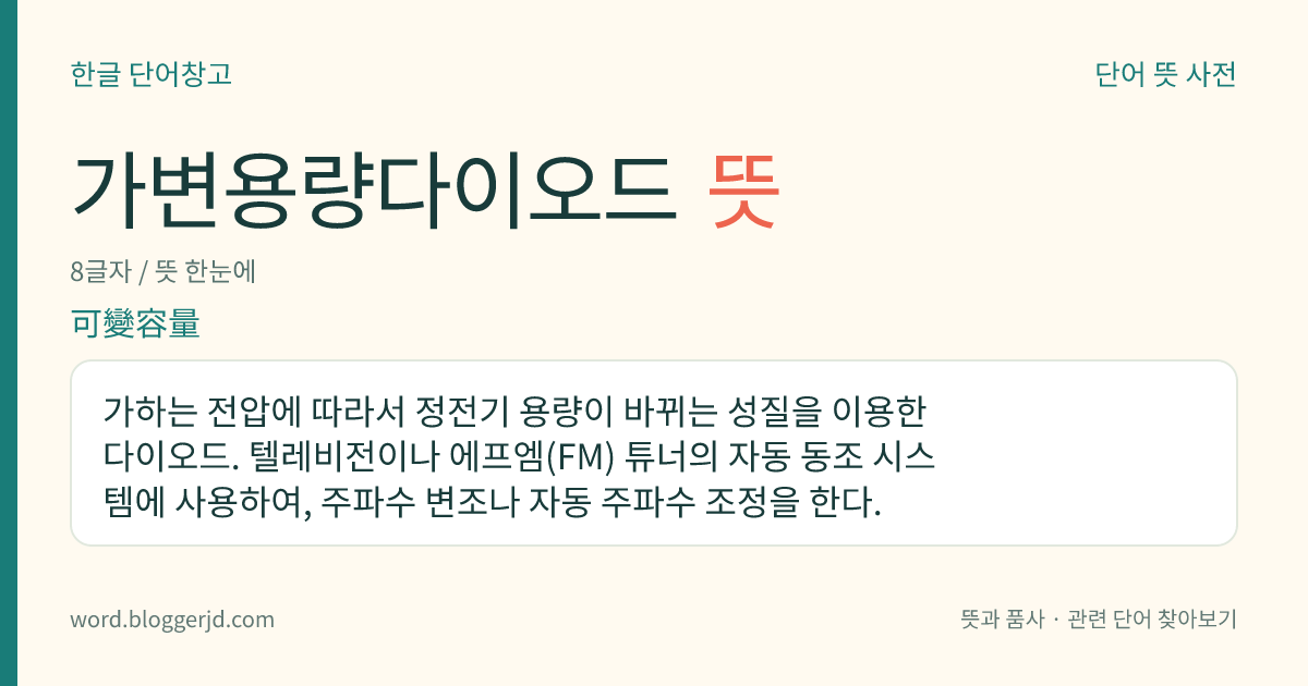 가변용량다이오드 뜻: 가하는 전압에 따라서 정전기 용량이 바뀌는 성질을 이용한 다이오드. 텔레비전이나 에프엠(FM) 튜너의 자동 동조 시스템에 사용하여, 주파수 변조나 자동 주파수 조정을 한다.