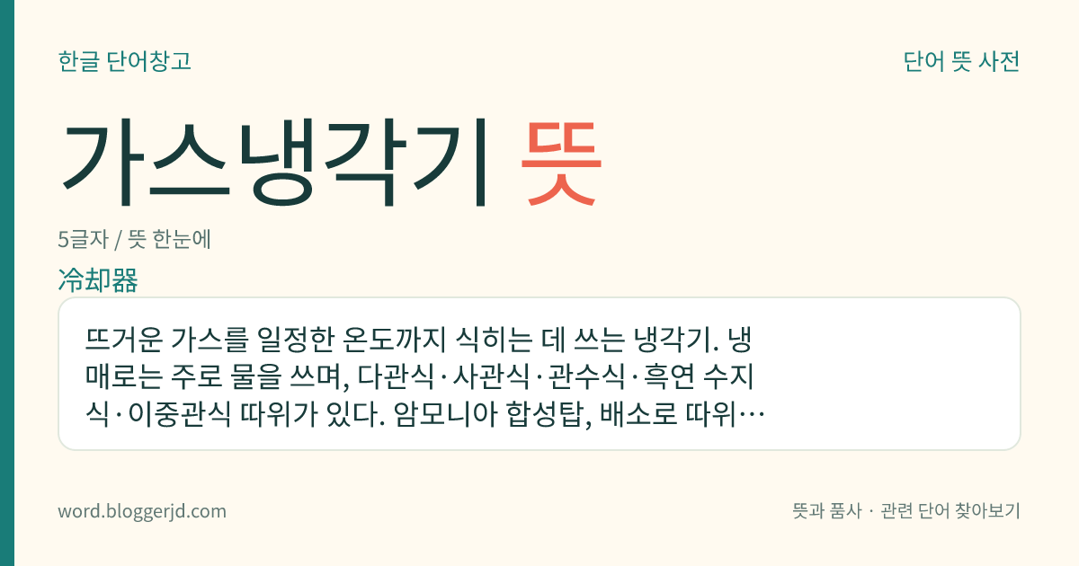 가스냉각기 뜻: 뜨거운 가스를 일정한 온도까지 식히는 데 쓰는 냉각기. 냉매로는 주로 물을 쓰며, 다관식·사관식·관수식·흑연 수지식·이중관식 따위가 있다. 암모니아 합성탑, 배소로 따위에 쓴다.