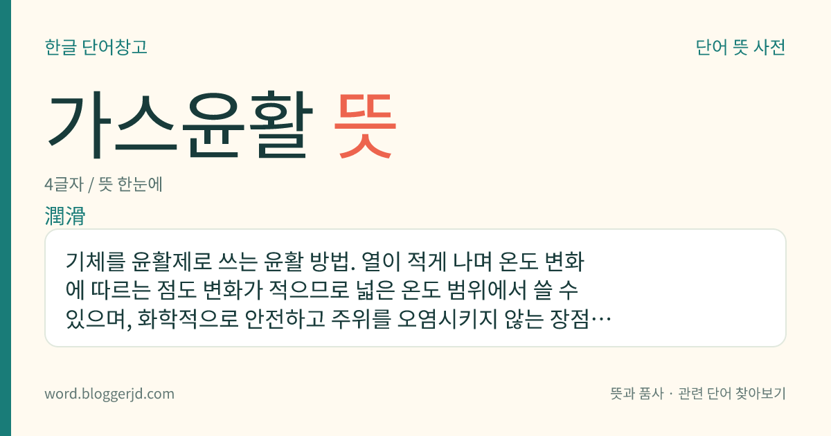 가스윤활 뜻: 기체를 윤활제로 쓰는 윤활 방법. 열이 적게 나며 온도 변화에 따르는 점도 변화가 적으므로 넓은 온도 범위에서 쓸 수 있으며, 화학적으로 안전하고 주위를 오염시키지 않는 장점이 있다. 고속 기계, 정밀 기계, 공작 기계 따위에서 많이 쓴다.