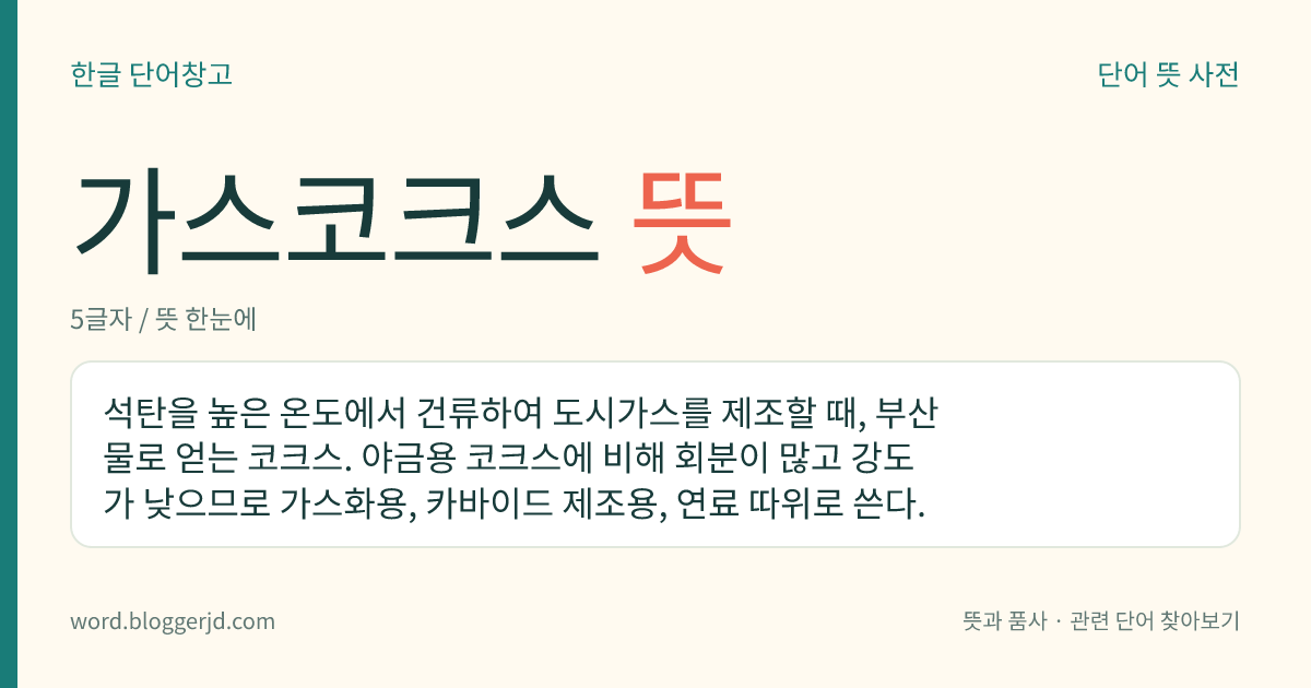 가스코크스 뜻: 석탄을 높은 온도에서 건류하여 도시가스를 제조할 때, 부산물로 얻는 코크스. 야금용 코크스에 비해 회분이 많고 강도가 낮으므로 가스화용, 카바이드 제조용, 연료 따위로 쓴다.