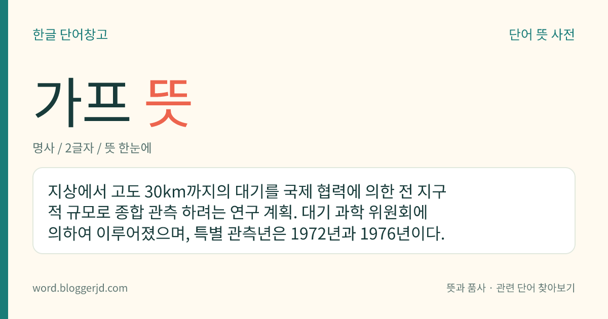 가프 뜻: 지상에서 고도 30km까지의 대기를 국제 협력에 의한 전 지구적 규모로 종합 관측 하려는 연구 계획. 대기 과학 위원회에 의하여 이루어졌으며, 특별 관측년은 1972년과 1976년이다.