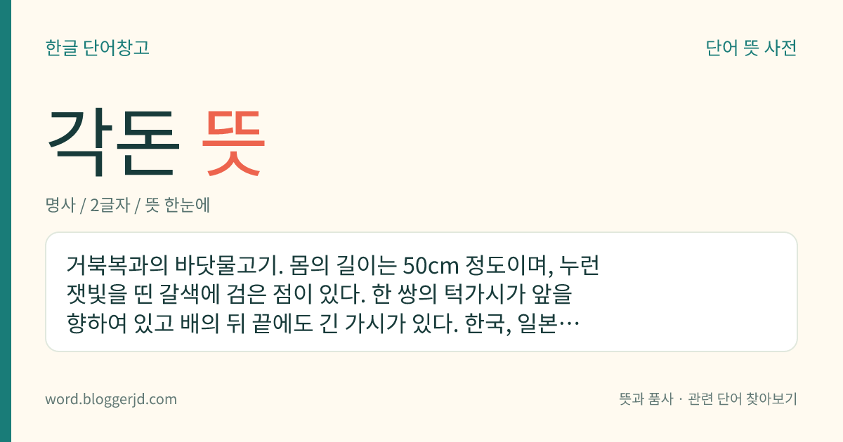 각돈 뜻: 거북복과의 바닷물고기. 몸의 길이는 50cm 정도이며, 누런 잿빛을 띤 갈색에 검은 점이 있다. 한 쌍의 턱가시가 앞을 향하여 있고 배의 뒤 끝에도 긴 가시가 있다. 한국, 일본, 대만, 필리핀 등지에 분포한다.