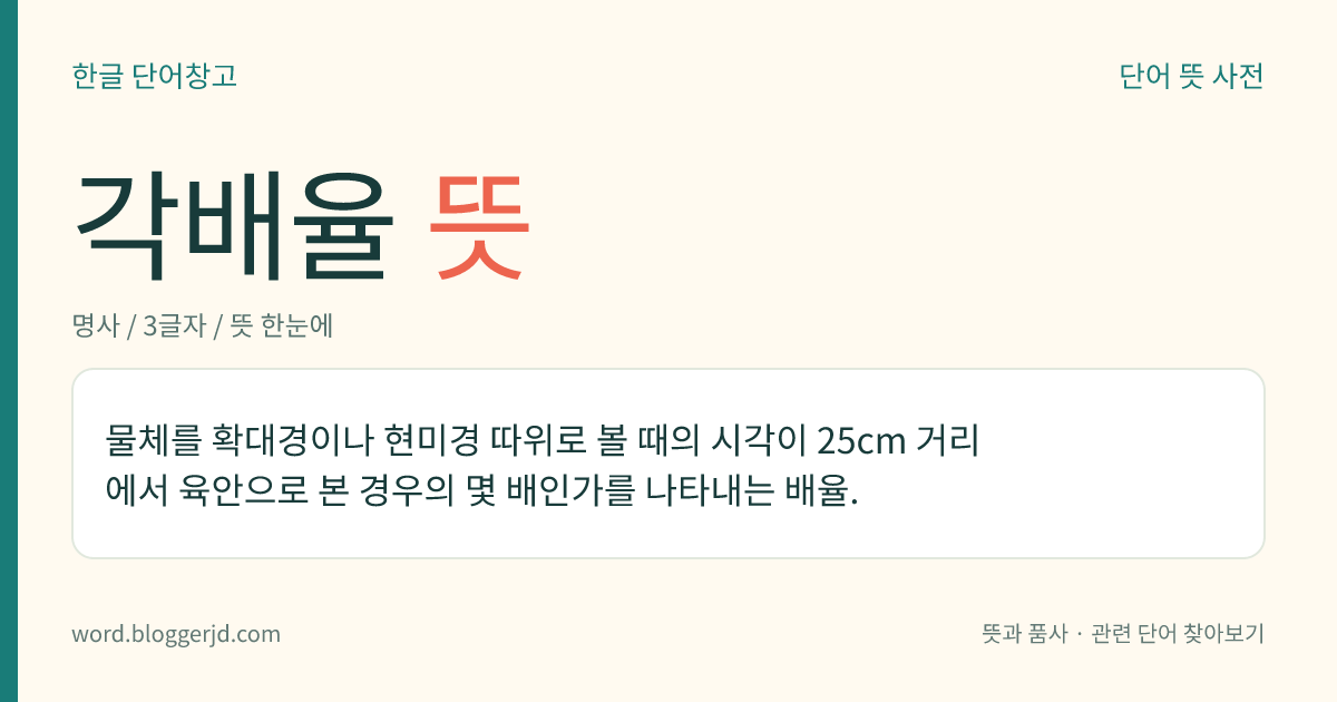 각배율 뜻: 물체를 확대경이나 현미경 따위로 볼 때의 시각이 25cm 거리에서 육안으로 본 경우의 몇 배인가를 나타내는 배율.