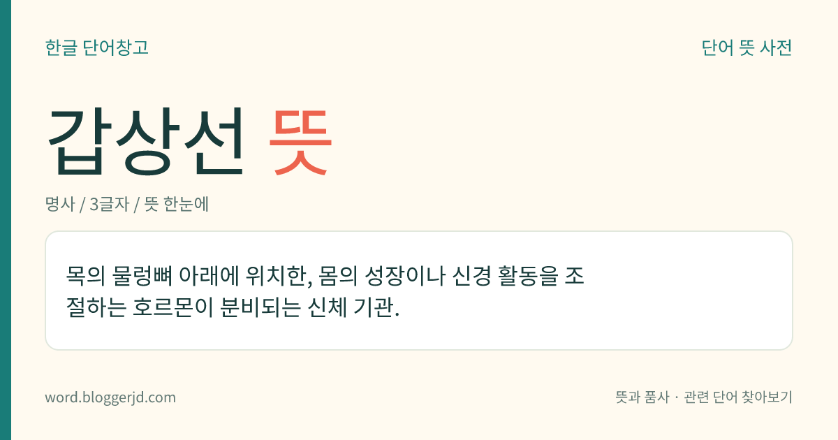 갑상선 뜻: 목의 물렁뼈 아래에 위치한, 몸의 성장이나 신경 활동을 조절하는 호르몬이 분비되는 신체 기관.
