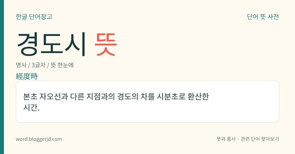 경도시 뜻: 본초 자오선과 다른 지점과의 경도의 차를 시분초로 환산한 시간.