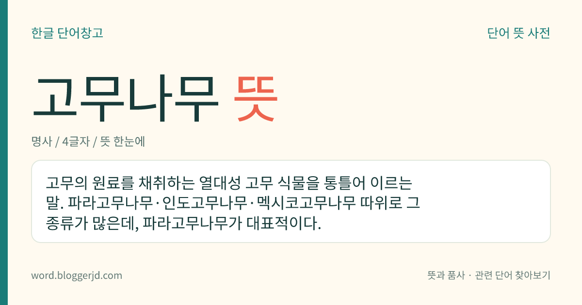 고무나무 뜻: 고무의 원료를 채취하는 열대성 고무 식물을 통틀어 이르는 말. 파라고무나무·인도고무나무·멕시코고무나무 따위로 그 종류가 많은데, 파라고무나무가 대표적이다.