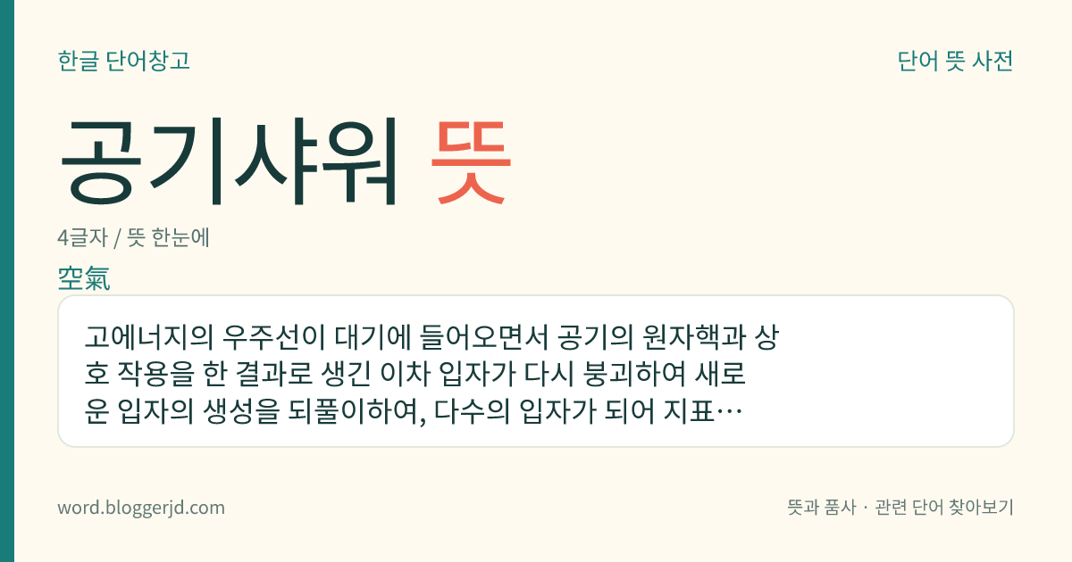 공기샤워 뜻: 고에너지의 우주선이 대기에 들어오면서 공기의 원자핵과 상호 작용을 한 결과로 생긴 이차 입자가 다시 붕괴하여 새로운 입자의 생성을 되풀이하여, 다수의 입자가 되어 지표로 쏟아지는 현상.