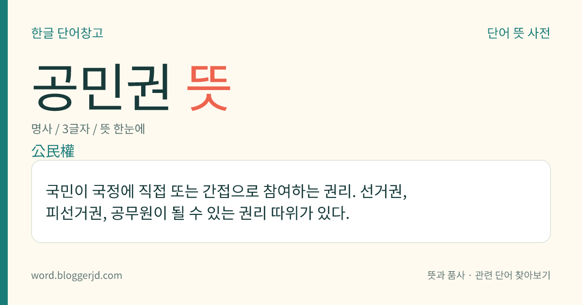 공민권 뜻: 국민이 국정에 직접 또는 간접으로 참여하는 권리. 선거권, 피선거권, 공무원이 될 수 있는 권리 따위가 있다.