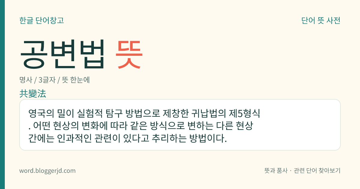 공변법 뜻: 영국의 밀이 실험적 탐구 방법으로 제창한 귀납법의 제5형식. 어떤 현상의 변화에 따라 같은 방식으로 변하는 다른 현상 간에는 인과적인 관련이 있다고 추리하는 방법이다.