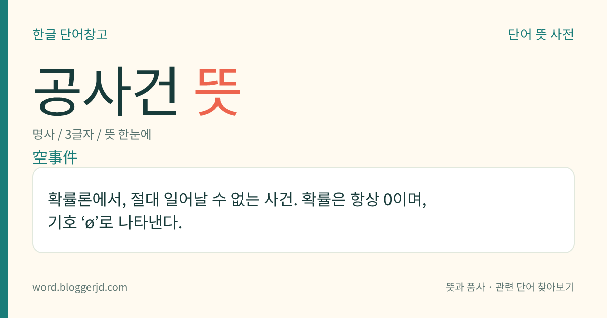 공사건 뜻: 확률론에서, 절대 일어날 수 없는 사건. 확률은 항상 0이며, 기호 ‘ø’로 나타낸다.