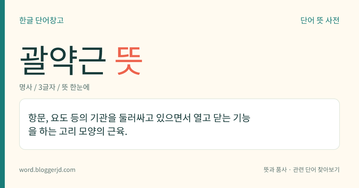 괄약근 뜻: 항문, 요도 등의 기관을 둘러싸고 있으면서 열고 닫는 기능을 하는 고리 모양의 근육.