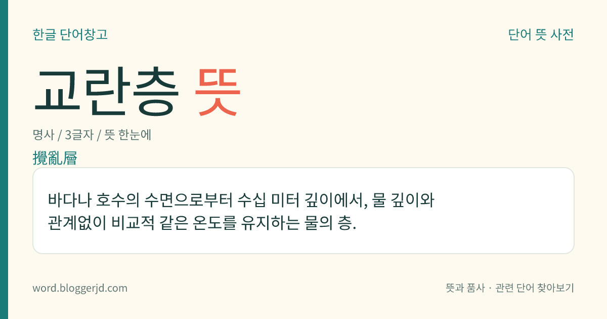 교란층 뜻: 바다나 호수의 수면으로부터 수십 미터 깊이에서, 물 깊이와 관계없이 비교적 같은 온도를 유지하는 물의 층.