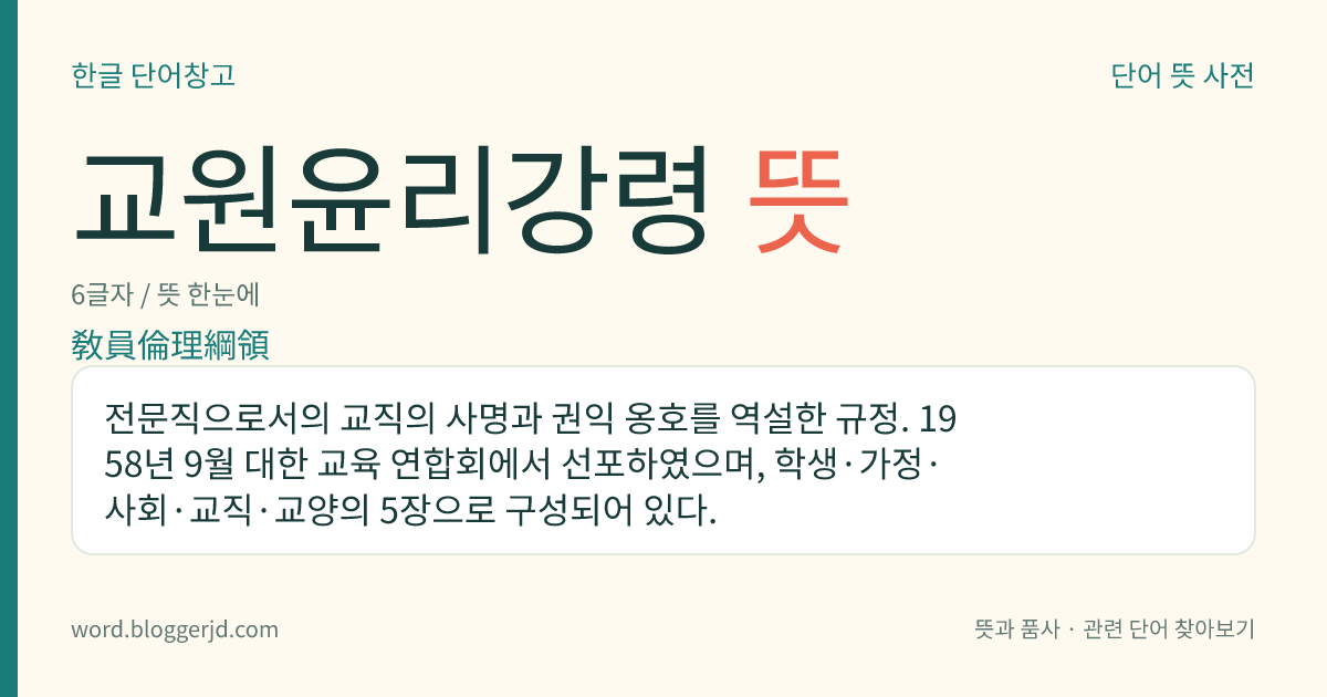 교원윤리강령 뜻: 전문직으로서의 교직의 사명과 권익 옹호를 역설한 규정. 1958년 9월 대한 교육 연합회에서 선포하였으며, 학생·가정·사회·교직·교양의 5장으로 구성되어 있다.