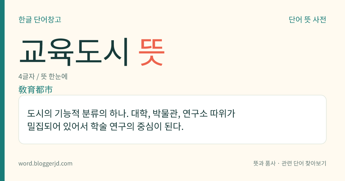 교육도시 뜻: 도시의 기능적 분류의 하나. 대학, 박물관, 연구소 따위가 밀집되어 있어서 학술 연구의 중심이 된다.