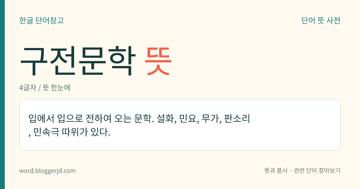 구전문학 뜻: 입에서 입으로 전하여 오는 문학. 설화, 민요, 무가, 판소리, 민속극 따위가 있다.