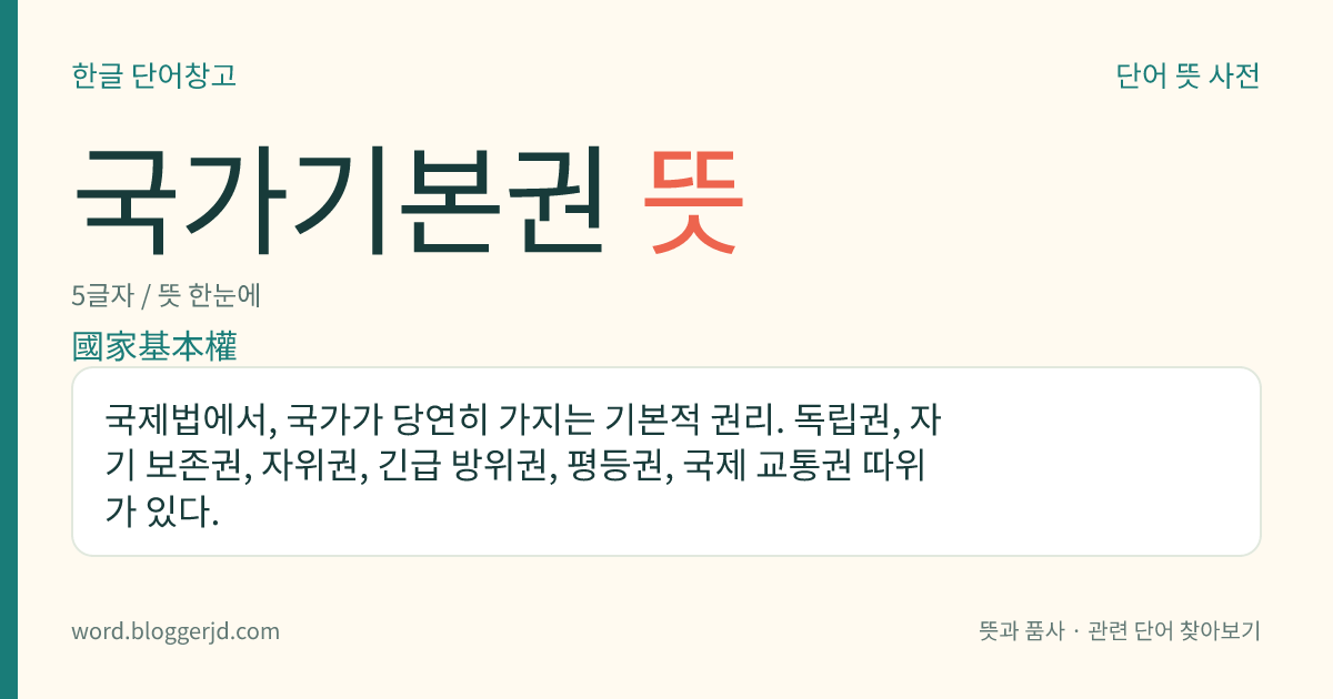 국가기본권 뜻: 국제법에서, 국가가 당연히 가지는 기본적 권리. 독립권, 자기 보존권, 자위권, 긴급 방위권, 평등권, 국제 교통권 따위가 있다.
