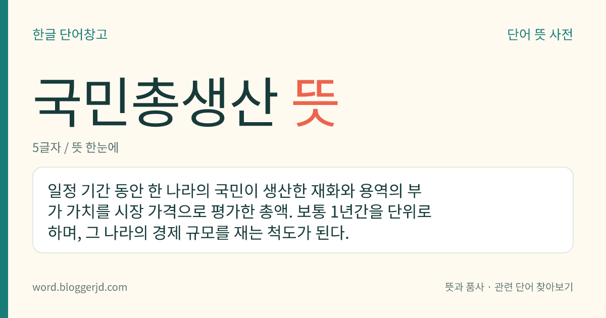 국민총생산 뜻: 일정 기간 동안 한 나라의 국민이 생산한 재화와 용역의 부가 가치를 시장 가격으로 평가한 총액. 보통 1년간을 단위로 하며, 그 나라의 경제 규모를 재는 척도가 된다.