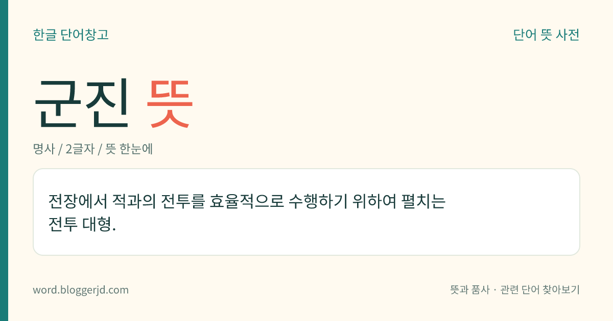 군진 뜻: 전장에서 적과의 전투를 효율적으로 수행하기 위하여 펼치는 전투 대형.