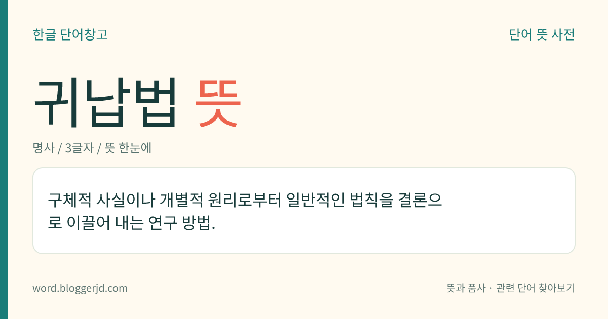 귀납법 뜻: 구체적 사실이나 개별적 원리로부터 일반적인 법칙을 결론으로 이끌어 내는 연구 방법.