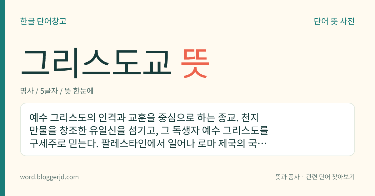 그리스도교 뜻: 예수 그리스도의 인격과 교훈을 중심으로 하는 종교. 천지 만물을 창조한 유일신을 섬기고, 그 독생자 예수 그리스도를 구세주로 믿는다. 팔레스타인에서 일어나 로마 제국의 국교가 되었고, 다시 페르시아·인도·중국 등지에 전해졌다. 11세기에 그리스 정교회가 갈려 나갔고, 16세기 종교 개혁으로 로마 가톨릭교회는 구교인 가톨릭교와 신교로 분리되어 현재 세 교회로 나뉘어 있다.