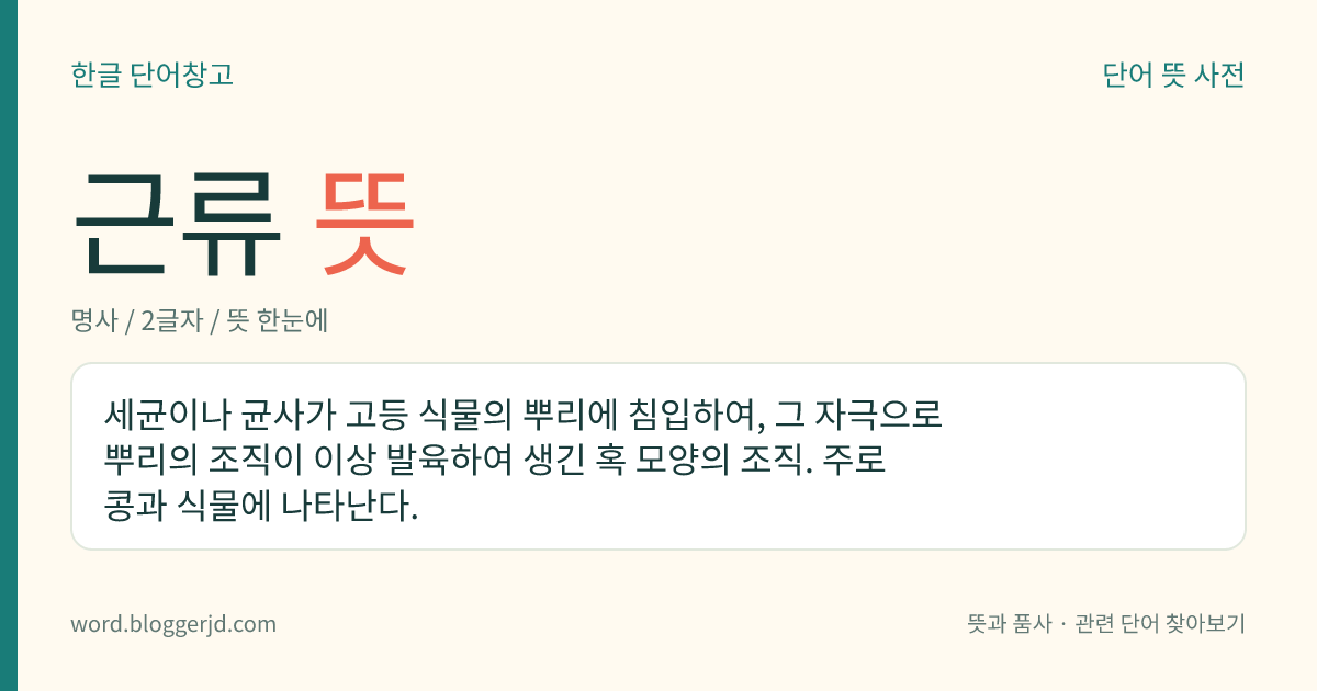 근류 뜻: 세균이나 균사가 고등 식물의 뿌리에 침입하여, 그 자극으로 뿌리의 조직이 이상 발육하여 생긴 혹 모양의 조직. 주로 콩과 식물에 나타난다.