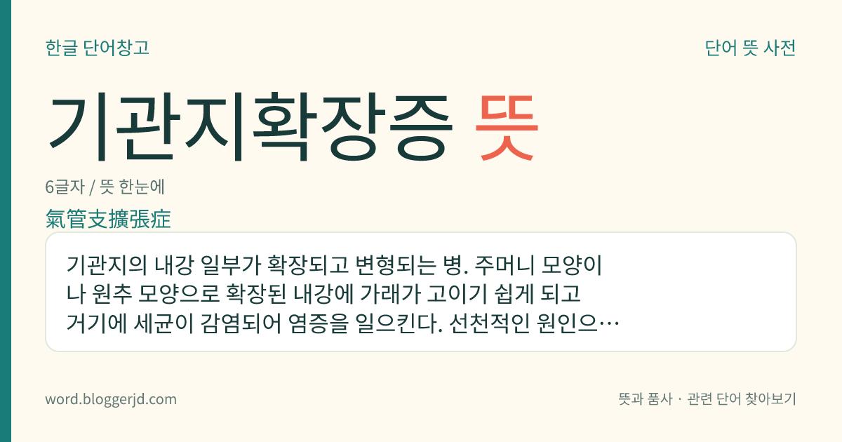 기관지확장증 뜻: 기관지의 내강 일부가 확장되고 변형되는 병. 주머니 모양이나 원추 모양으로 확장된 내강에 가래가 고이기 쉽게 되고 거기에 세균이 감염되어 염증을 일으킨다. 선천적인 원인으로 발생하는 수도 있고 영아 또는 유아 무렵에 폐렴, 백일해, 홍역 따위에 걸린 뒤에 나타나기도 하며, 성인이 흉곽 성형술을 받은 뒤에 발생하기도 한다.