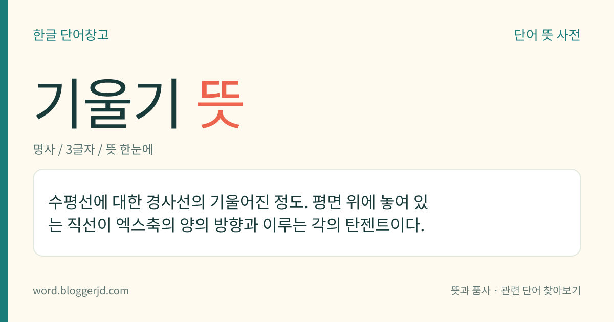 기울기 뜻: 수평선에 대한 경사선의 기울어진 정도. 평면 위에 놓여 있는 직선이 엑스축의 양의 방향과 이루는 각의 탄젠트이다.