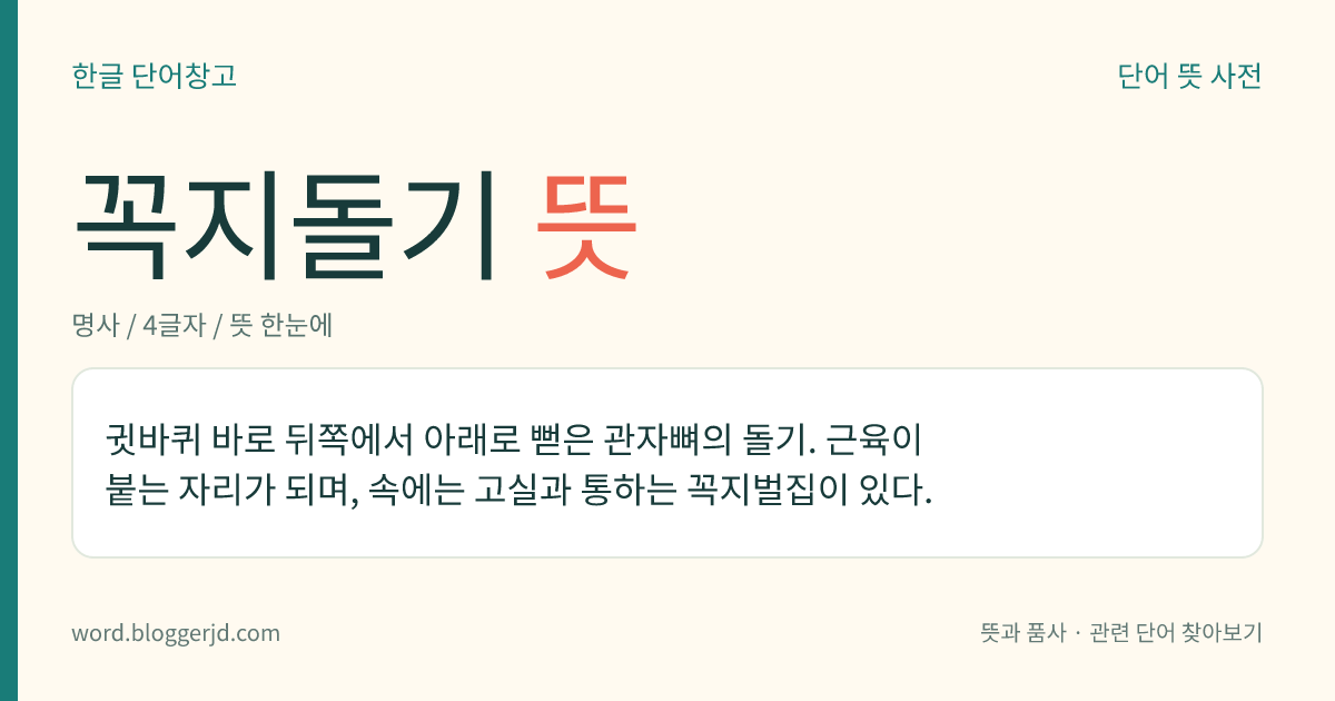 꼭지돌기 뜻: 귓바퀴 바로 뒤쪽에서 아래로 뻗은 관자뼈의 돌기. 근육이 붙는 자리가 되며, 속에는 고실과 통하는 꼭지벌집이 있다.