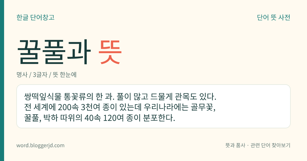 꿀풀과 뜻: 쌍떡잎식물 통꽃류의 한 과. 풀이 많고 드물게 관목도 있다. 전 세계에 200속 3천여 종이 있는데 우리나라에는 골무꽃, 꿀풀, 박하 따위의 40속 120여 종이 분포한다.