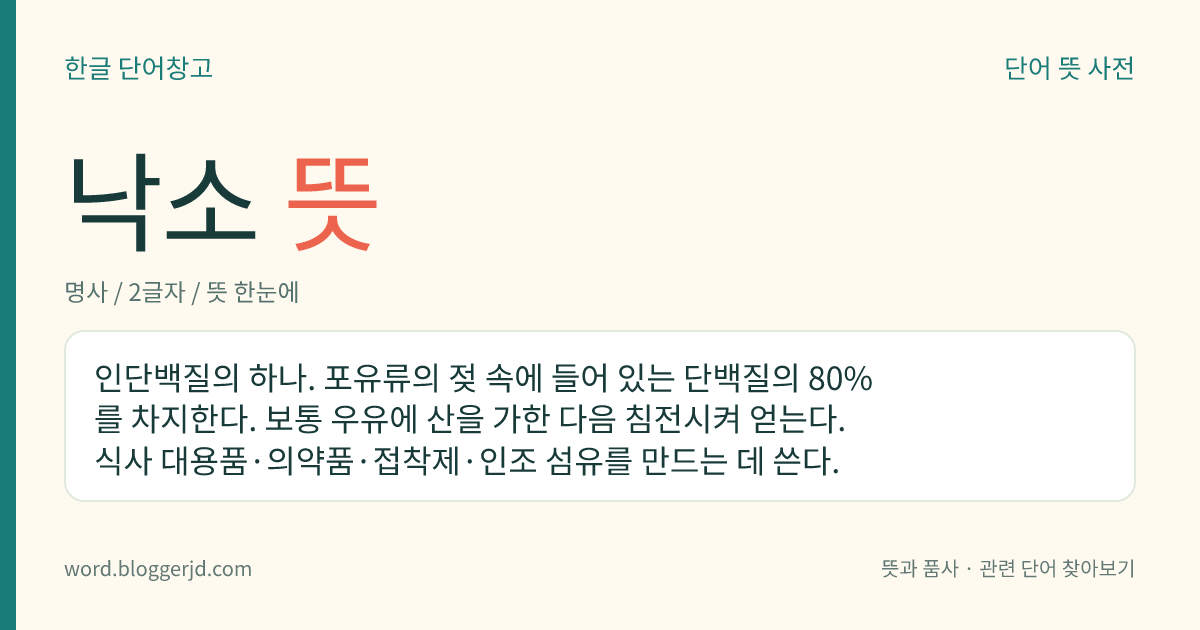 낙소 뜻: 인단백질의 하나. 포유류의 젖 속에 들어 있는 단백질의 80%를 차지한다. 보통 우유에 산을 가한 다음 침전시켜 얻는다. 식사 대용품·의약품·접착제·인조 섬유를 만드는 데 쓴다.