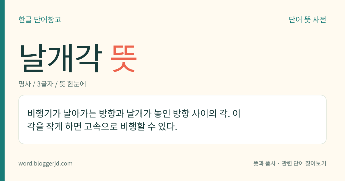 날개각 뜻: 비행기가 날아가는 방향과 날개가 놓인 방향 사이의 각. 이 각을 작게 하면 고속으로 비행할 수 있다.