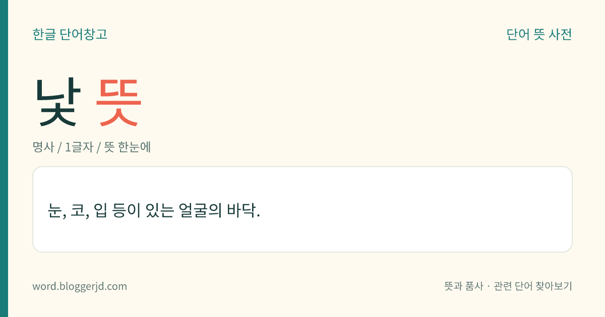 낯 뜻: 눈, 코, 입 등이 있는 얼굴의 바닥.