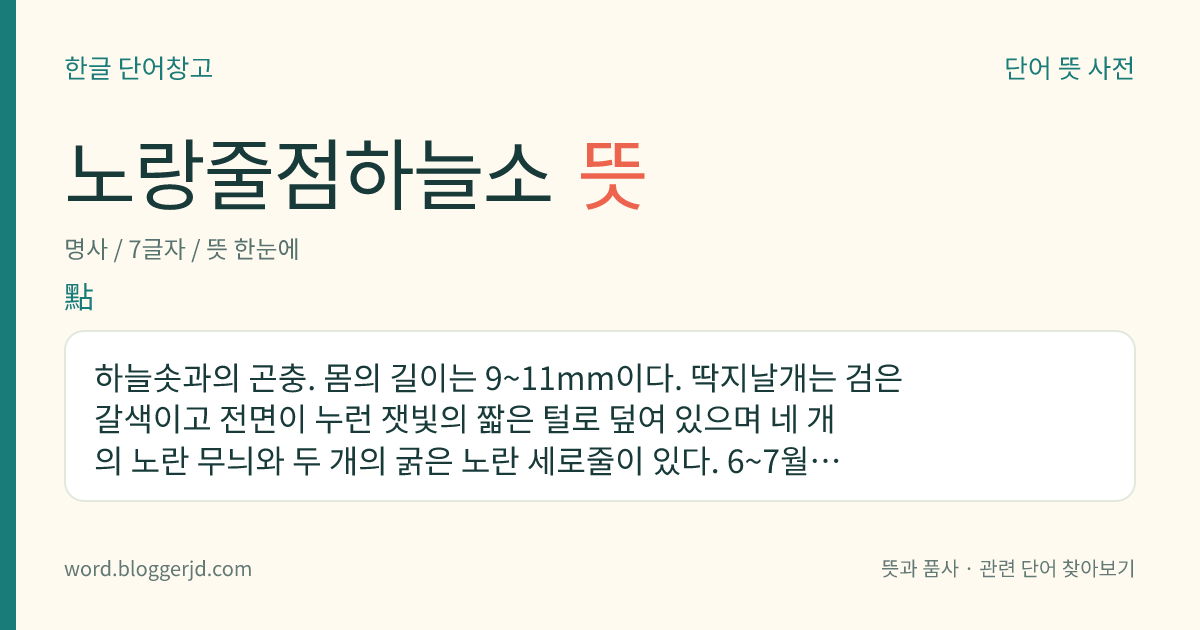 노랑줄점하늘소 뜻: 하늘솟과의 곤충. 몸의 길이는 9~11mm이다. 딱지날개는 검은 갈색이고 전면이 누런 잿빛의 짧은 털로 덮여 있으며 네 개의 노란 무늬와 두 개의 굵은 노란 세로줄이 있다. 6~7월에 나오며 애벌레는 옻나무에 구멍을 뚫는다. 한국, 일본 등지에 분포한다.