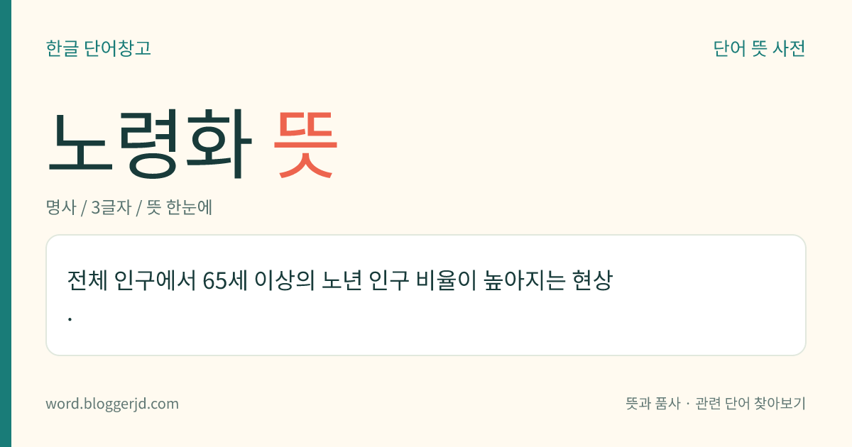 노령화 뜻: 전체 인구에서 65세 이상의 노년 인구 비율이 높아지는 현상.