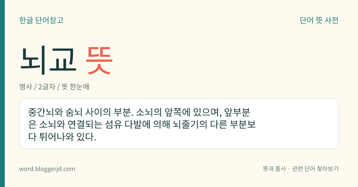 뇌교 뜻: 중간뇌와 숨뇌 사이의 부분. 소뇌의 앞쪽에 있으며, 앞부분은 소뇌와 연결되는 섬유 다발에 의해 뇌줄기의 다른 부분보다 튀어나와 있다.