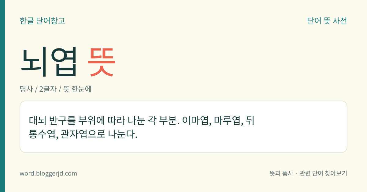 뇌엽 뜻: 대뇌 반구를 부위에 따라 나눈 각 부분. 이마엽, 마루엽, 뒤통수엽, 관자엽으로 나눈다.