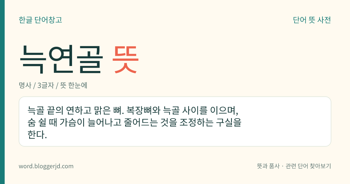 늑연골 뜻: 늑골 끝의 연하고 맑은 뼈. 복장뼈와 늑골 사이를 이으며, 숨 쉴 때 가슴이 늘어나고 줄어드는 것을 조정하는 구실을 한다.