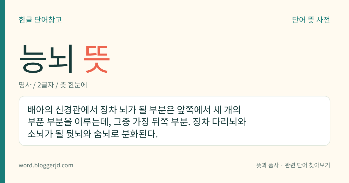 능뇌 뜻: 배아의 신경관에서 장차 뇌가 될 부분은 앞쪽에서 세 개의 부푼 부분을 이루는데, 그중 가장 뒤쪽 부분. 장차 다리뇌와 소뇌가 될 뒷뇌와 숨뇌로 분화된다.