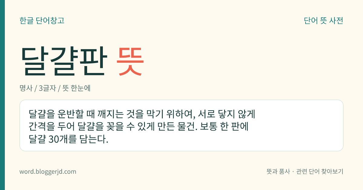 달걀판 뜻: 달걀을 운반할 때 깨지는 것을 막기 위하여, 서로 닿지 않게 간격을 두어 달걀을 꽂을 수 있게 만든 물건. 보통 한 판에 달걀 30개를 담는다.