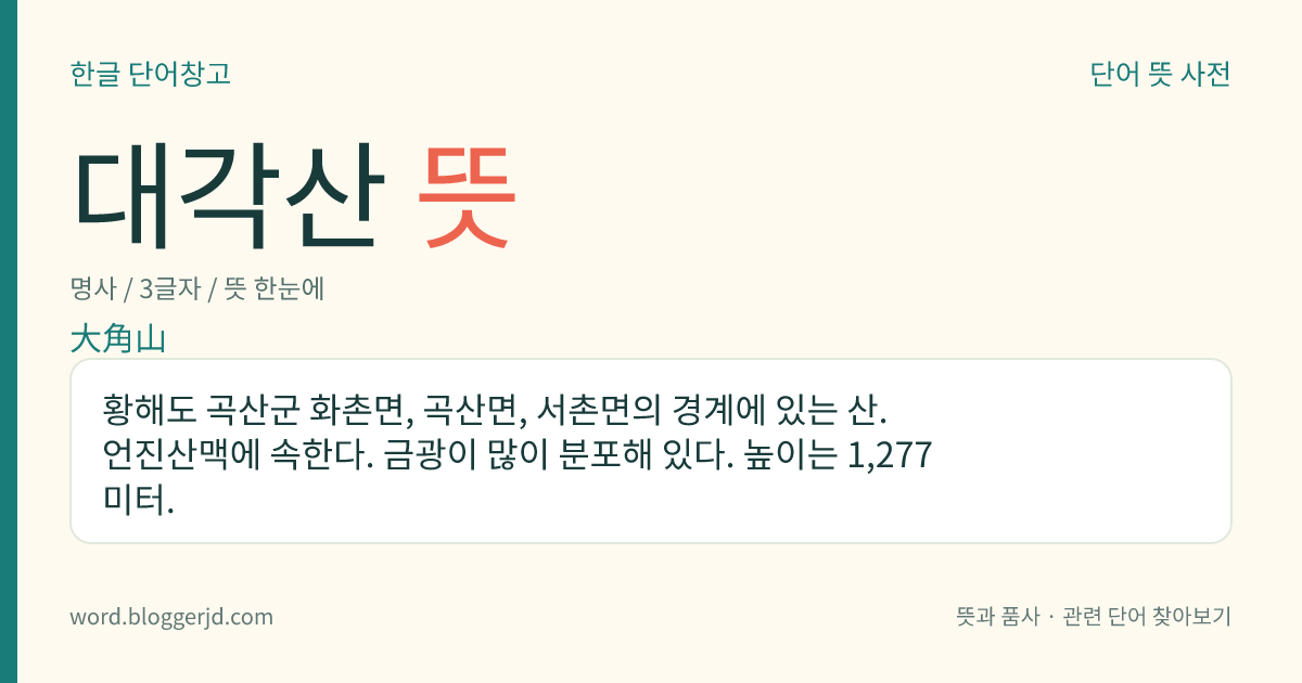 대각산 뜻: 황해도 곡산군 화촌면, 곡산면, 서촌면의 경계에 있는 산. 언진산맥에 속한다. 금광이 많이 분포해 있다. 높이는 1,277미터.