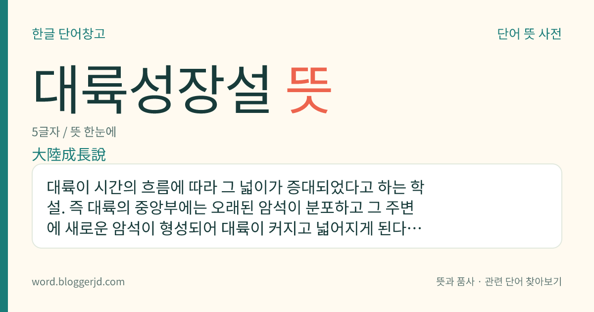 대륙성장설 뜻: 대륙이 시간의 흐름에 따라 그 넓이가 증대되었다고 하는 학설. 즉 대륙의 중앙부에는 오래된 암석이 분포하고 그 주변에 새로운 암석이 형성되어 대륙이 커지고 넓어지게 된다는 학설이다.