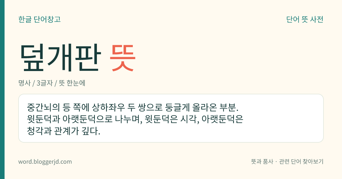 덮개판 뜻: 중간뇌의 등 쪽에 상하좌우 두 쌍으로 둥글게 올라온 부분. 윗둔덕과 아랫둔덕으로 나누며, 윗둔덕은 시각, 아랫둔덕은 청각과 관계가 깊다.