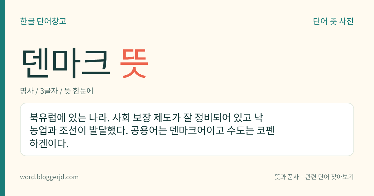덴마크 뜻: 북유럽에 있는 나라. 사회 보장 제도가 잘 정비되어 있고 낙농업과 조선이 발달했다. 공용어는 덴마크어이고 수도는 코펜하겐이다.