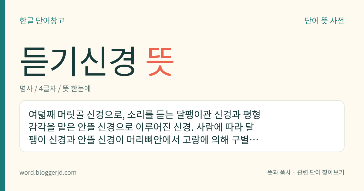듣기신경 뜻: 여덟째 머릿골 신경으로, 소리를 듣는 달팽이관 신경과 평형 감각을 맡은 안뜰 신경으로 이루어진 신경. 사람에 따라 달팽이 신경과 안뜰 신경이 머리뼈안에서 고랑에 의해 구별이 되기도 하고 그렇지 않기도 한다. 다리뇌, 숨뇌, 소뇌 사이의 모퉁이에서 나와 속귀길로 들어간다.