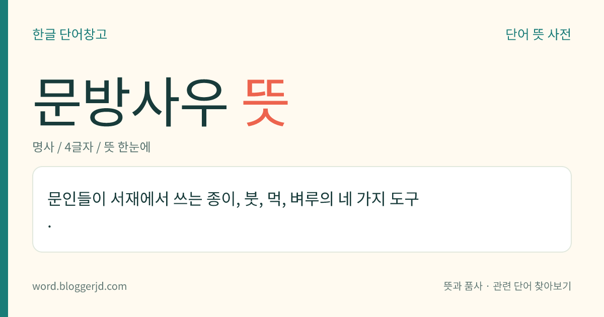 문방사우 뜻: 문인들이 서재에서 쓰는 종이, 붓, 먹, 벼루의 네 가지 도구.