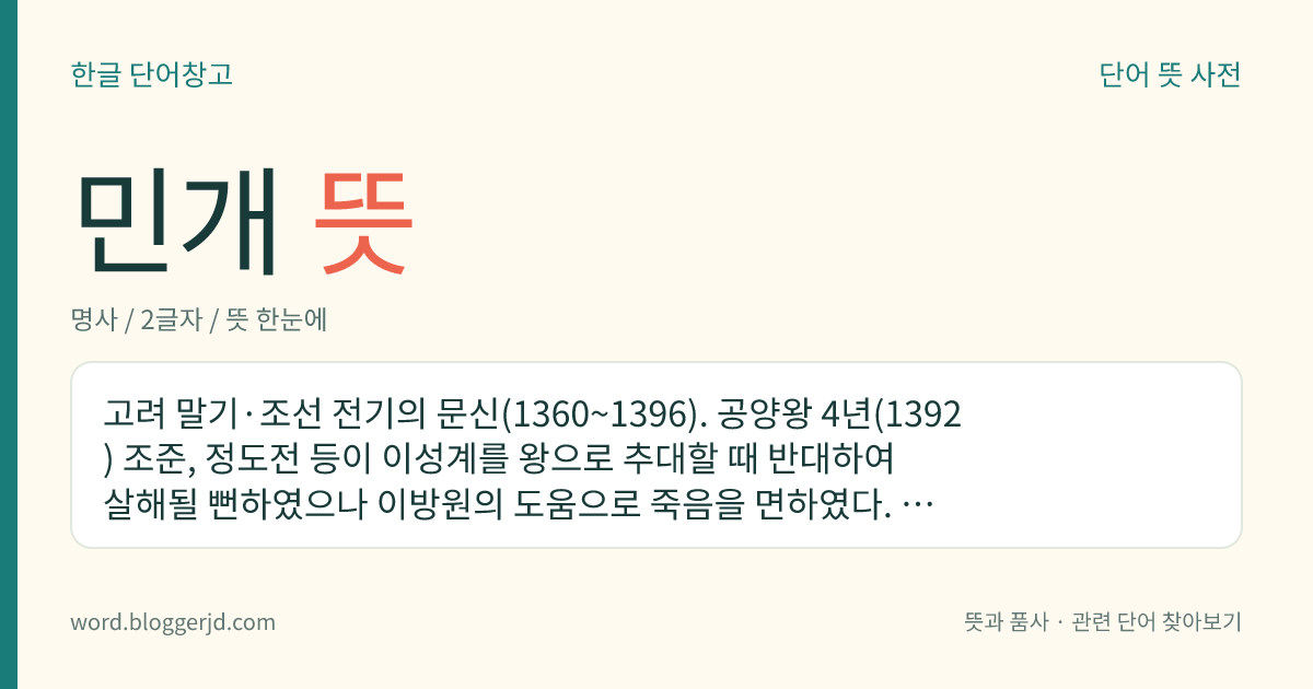 민개 뜻: 고려 말기·조선 전기의 문신(1360~1396). 공양왕 4년(1392) 조준, 정도전 등이 이성계를 왕으로 추대할 때 반대하여 살해될 뻔하였으나 이방원의 도움으로 죽음을 면하였다. 그 후 한성부윤, 대사헌 따위를 지냈다.