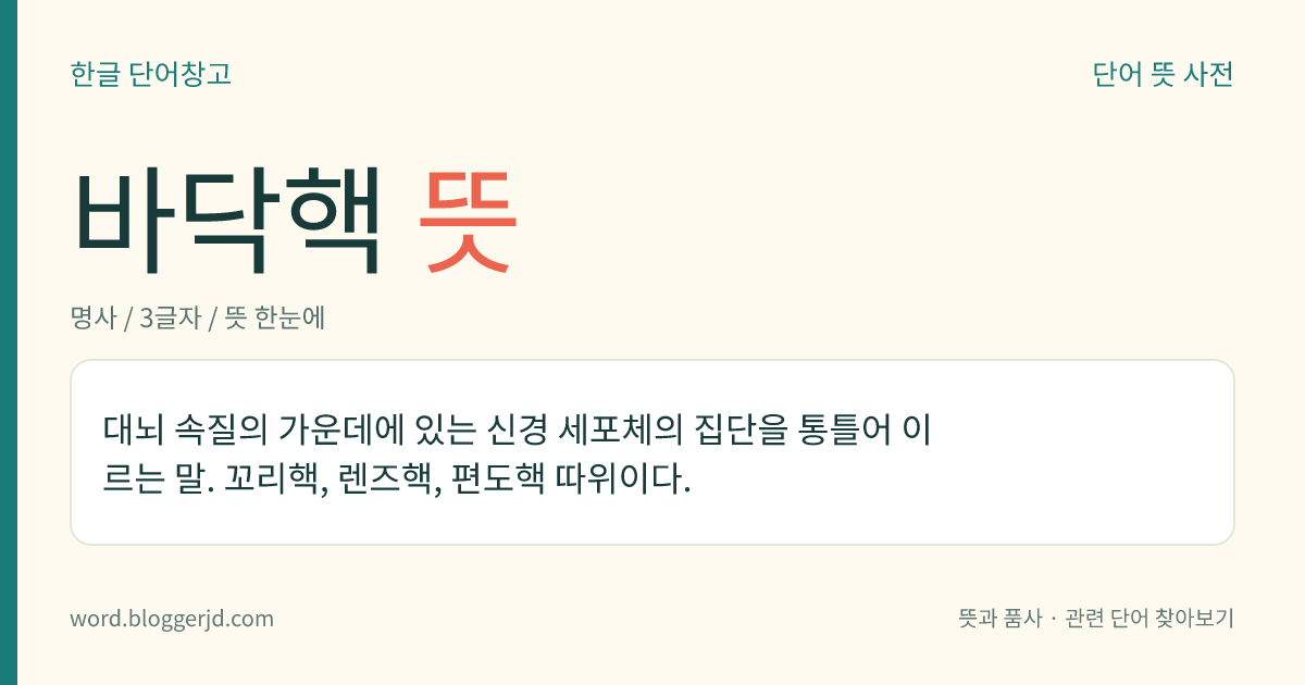 바닥핵 뜻: 대뇌 속질의 가운데에 있는 신경 세포체의 집단을 통틀어 이르는 말. 꼬리핵, 렌즈핵, 편도핵 따위이다.