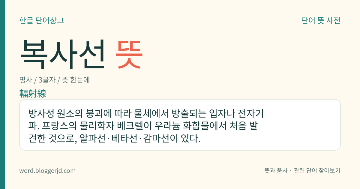 복사선 뜻: 방사성 원소의 붕괴에 따라 물체에서 방출되는 입자나 전자기파. 프랑스의 물리학자 베크렐이 우라늄 화합물에서 처음 발견한 것으로, 알파선·베타선·감마선이 있다.