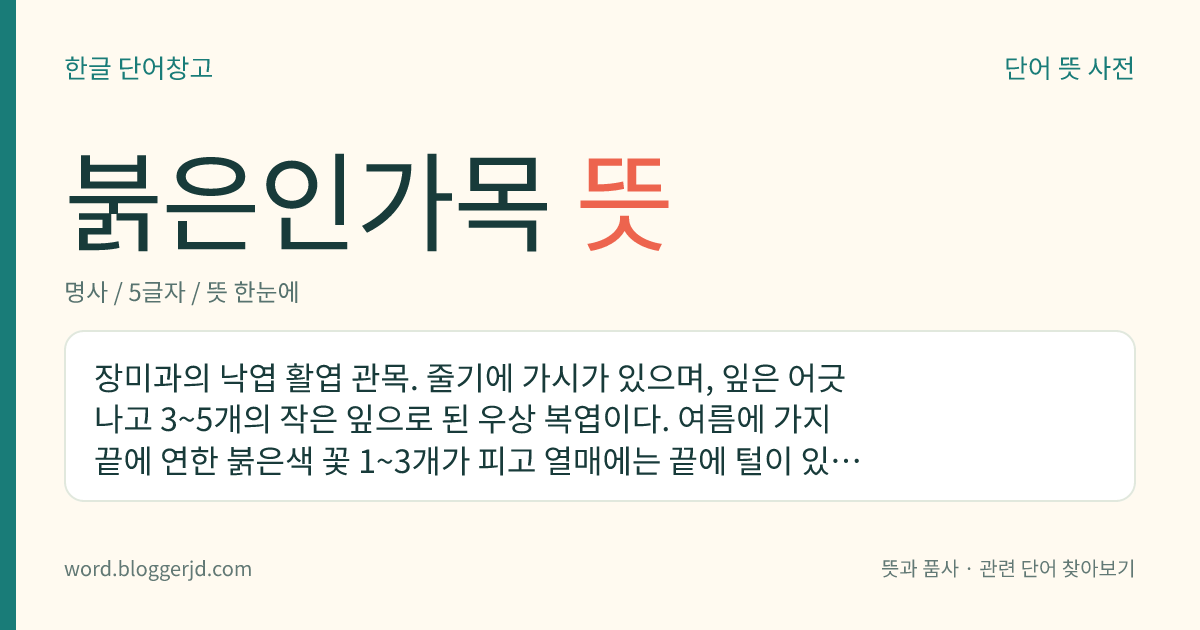 붉은인가목 뜻: 장미과의 낙엽 활엽 관목. 줄기에 가시가 있으며, 잎은 어긋나고 3~5개의 작은 잎으로 된 우상 복엽이다. 여름에 가지 끝에 연한 붉은색 꽃 1~3개가 피고 열매에는 끝에 털이 있다. 관상용이고 산기슭에 나는데 한국의 강원·평북·함경, 일본, 사할린 등지에 분포한다.