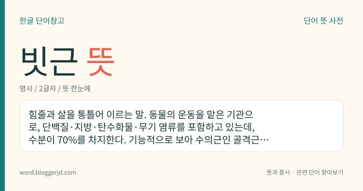 빗근 뜻: 힘줄과 살을 통틀어 이르는 말. 동물의 운동을 맡은 기관으로, 단백질·지방·탄수화물·무기 염류를 포함하고 있는데, 수분이 70%를 차지한다. 기능적으로 보아 수의근인 골격근과 불수의근인 내장근이 있으며, 구조적으로 보아 가로무늬근과 민무늬근이 있다.